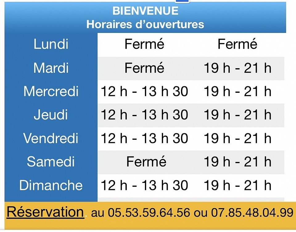 Horaires Juillet et Août