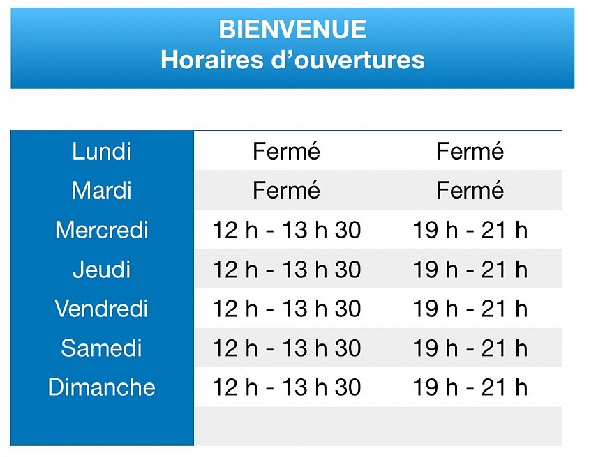 Horaires Juin / début juillet /fin août et début septembre